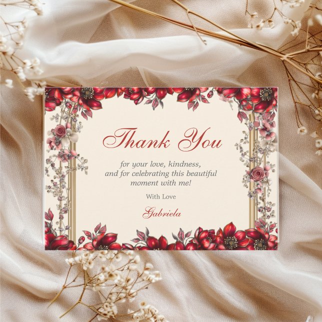 Carte De Remerciements Cream and Red Golden Tiara Floral Quinceañera (Créateur téléchargé)