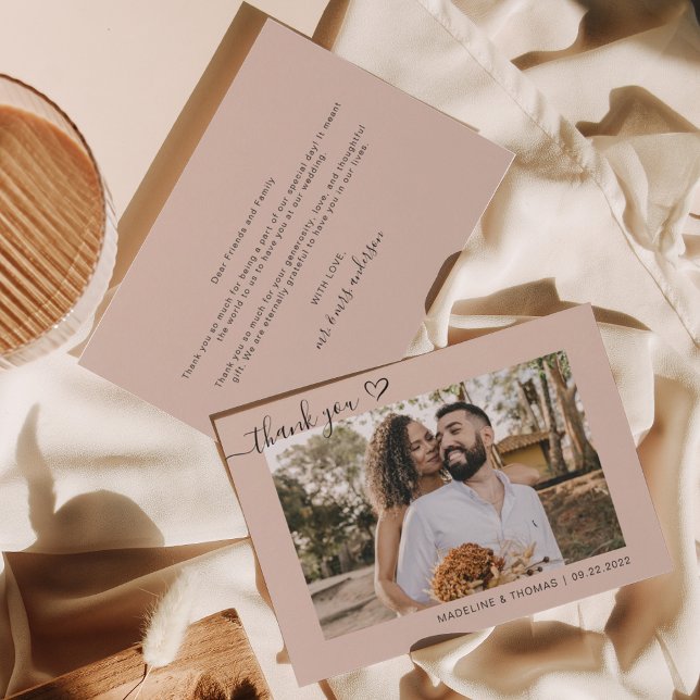 Carte De Remerciements Cream Boho Simple Photo Heart Script Mariage (Créateur téléchargé)