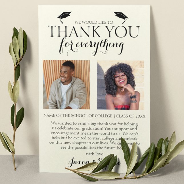 Carte De Remerciements Cream Double Graduation 2 Photo Graduation Party (Créateur téléchargé)