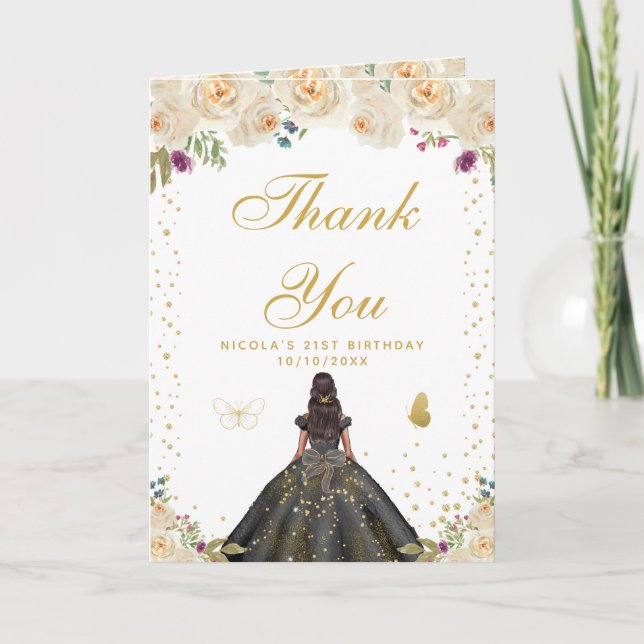 Carte De Remerciements Cream Floral Dark Skin Girl Birthday (Devant)