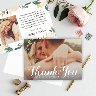 Carte De Remerciements Cream Gold Floral Verdure Mariage Monogramme Photo