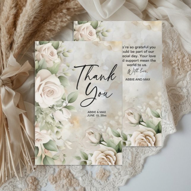 Carte De Remerciements Crème classique Floral Sage Vert Feuille Mariage (Classic and elegant ivory roses and sage green leaves wedding thank you card)