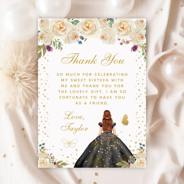Carte De Remerciements Crème Floral Brown cheveux Princesse Sweet sixteen (Créateur téléchargé)