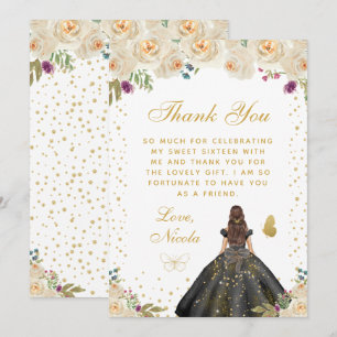 Carte De Remerciements Crème Florale Brunette Cheveux Princesse Douze Ans