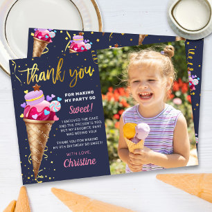 Carte De Remerciements Crème glacée rose or Anniversaire Marine Bleu Phot