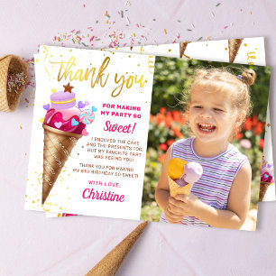 Carte De Remerciements Crème glacée rose or doux Photo Anniversaire