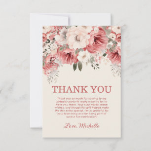 Carte De Remerciements Crème rouge rose Aquarelle Florale Anniversaire