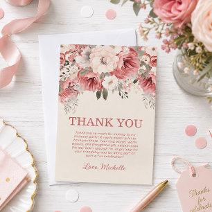 Carte De Remerciements Crème rouge rose Aquarelle Florale Anniversaire