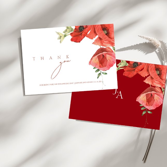 Carte De Remerciements Crimson Red Poppies Mariage floral (Crimson Red Poppies Floral Wedding Thank You Card)