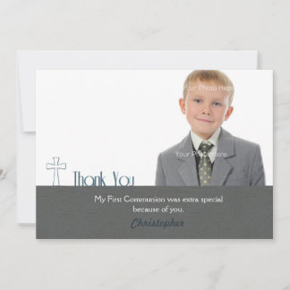 Carte De Remerciements Croix blanche, gris, Merci, photo de communion