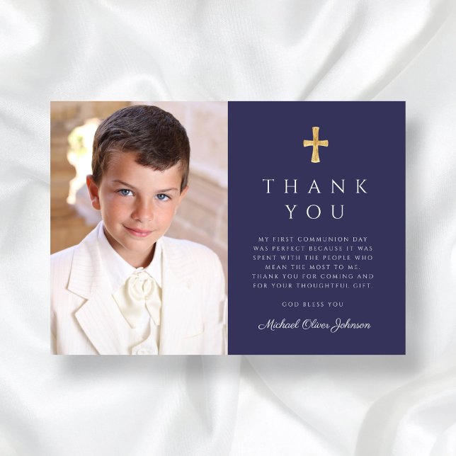 Carte De Remerciements Croix Bleue de la marine moderne photo First Commu (Modern Navy Blue Cross Boy Photo First Communion Thank You Card)