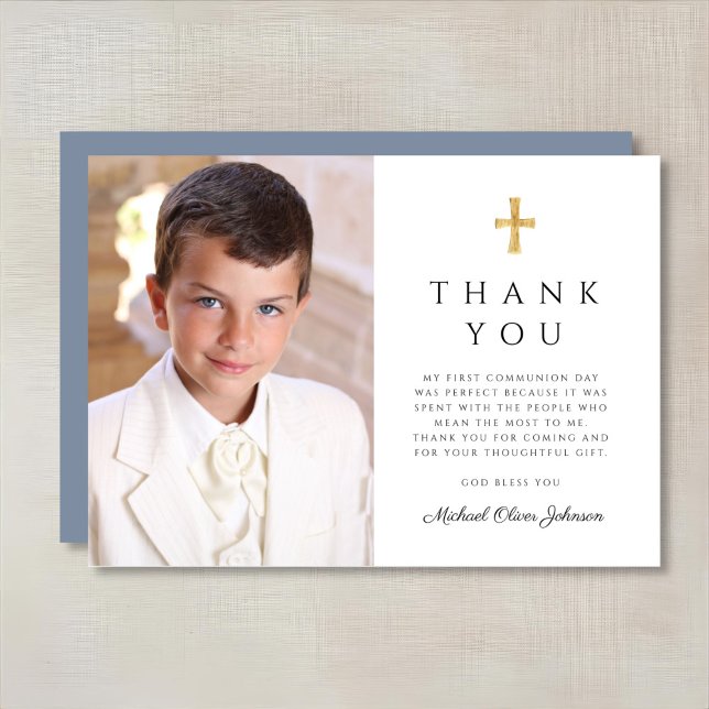 Carte De Remerciements Croix Bleue Dusty moderne Boy First Communion Phot (Modern Dusty Blue Cross Boy First Communion Photo Thank You Card)
