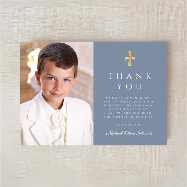 Carte De Remerciements Croix Bleue Dusty moderne Boy Photo First Communio (Modern Dusty Blue Cross Boy Photo First Communion Thank You Card)