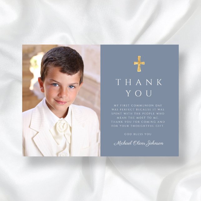 Carte De Remerciements Croix Bleue Dusty moderne Boy Photo First Communio (Modern Dusty Blue Cross Boy Photo First Communion Thank You Card)