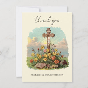 Carte De Remerciements Croix catholique Fleurs Mémorial Funérailles Sympa