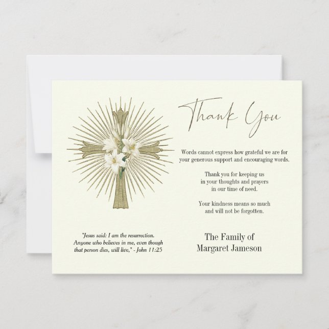 Carte De Remerciements Croix chrétienne Lis Funérailles Condoléances Symp (Devant)