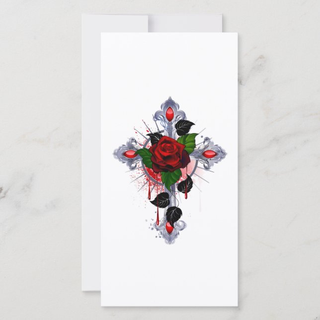 Carte De Remerciements Croix d'argent avec une rose rouge (Devant)