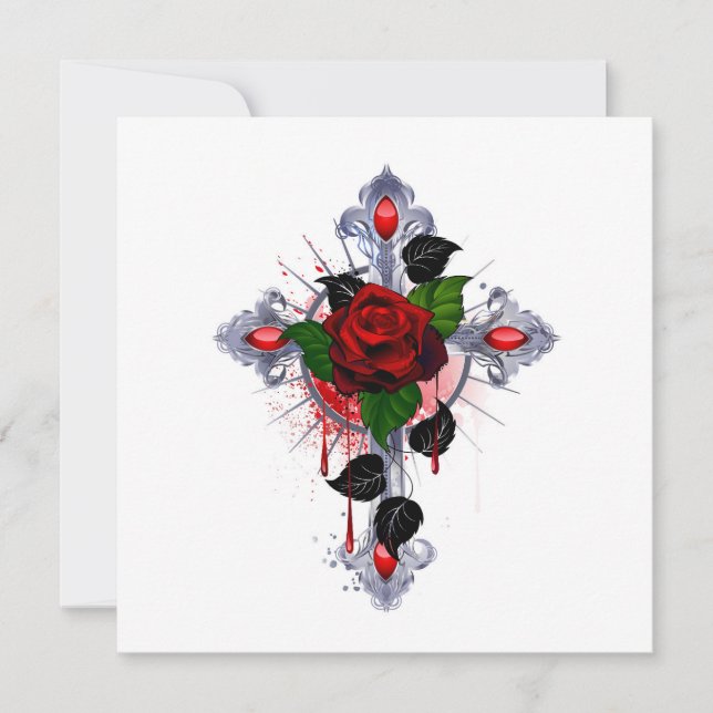 Carte De Remerciements Croix d'argent avec une rose rouge (Devant)