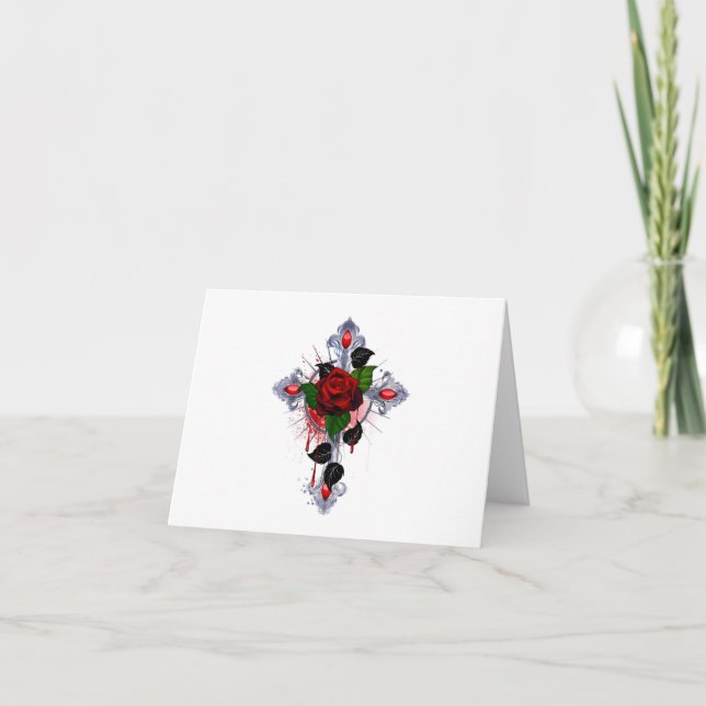 Carte De Remerciements Croix d'argent avec une rose rouge (Devant)