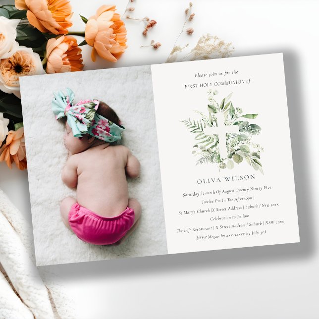 Carte De Remerciements Croix de Foliage Première Sainte Communion Invitat (Créateur téléchargé)