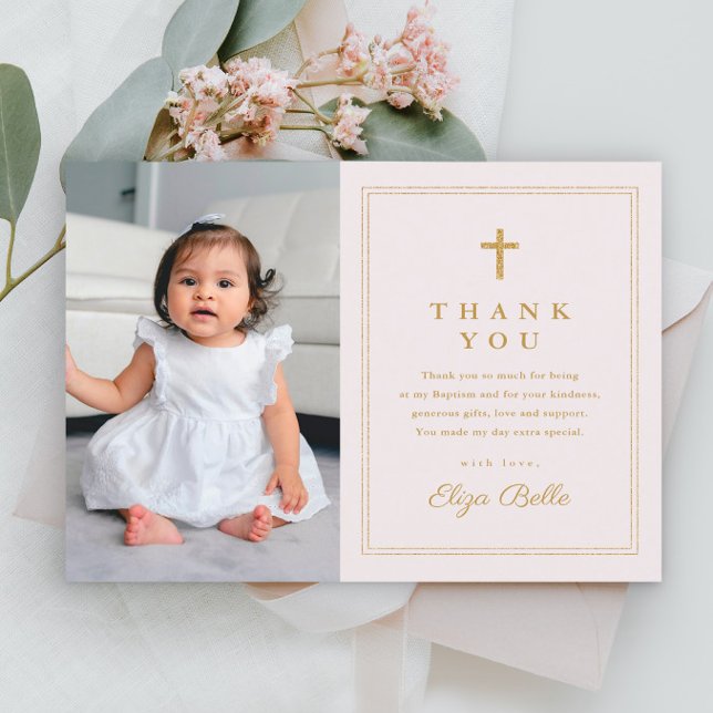 Carte De Remerciements Croix d'or classique Photo religieuse Baptême (Simple girls photo baptism thank you card with gold cross.)