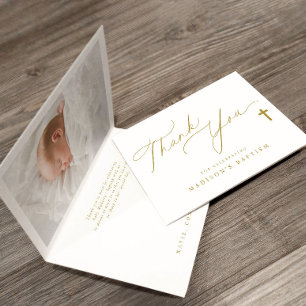 Carte De Remerciements Croix d'or Élégant photo Baptême