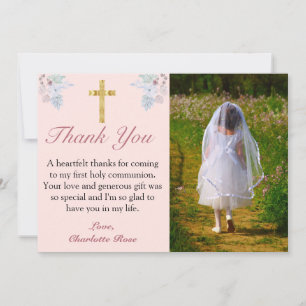 Carte De Remerciements Croix d'or rose Floral Première communion