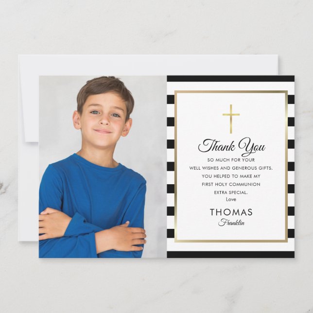 Carte De Remerciements Croix d'or Stried First Holy Communion Photo (Devant)