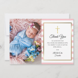 Carte De Remerciements Croix dorée avec rayure rose Baptême Photo