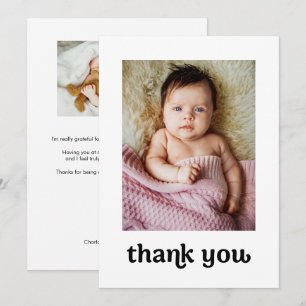 Carte De Remerciements Croix dorée chic Moderne 2 Photos de bébé fille Ba
