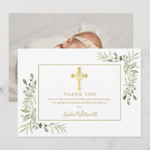 Carte De Remerciements Croix dorée de verdure Baptême Photo