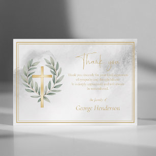 Carte De Remerciements Croix dorée élégante avec feuilles pour funéraille