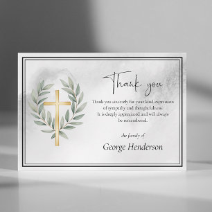 Carte De Remerciements Croix dorée élégante avec feuilles pour funéraille