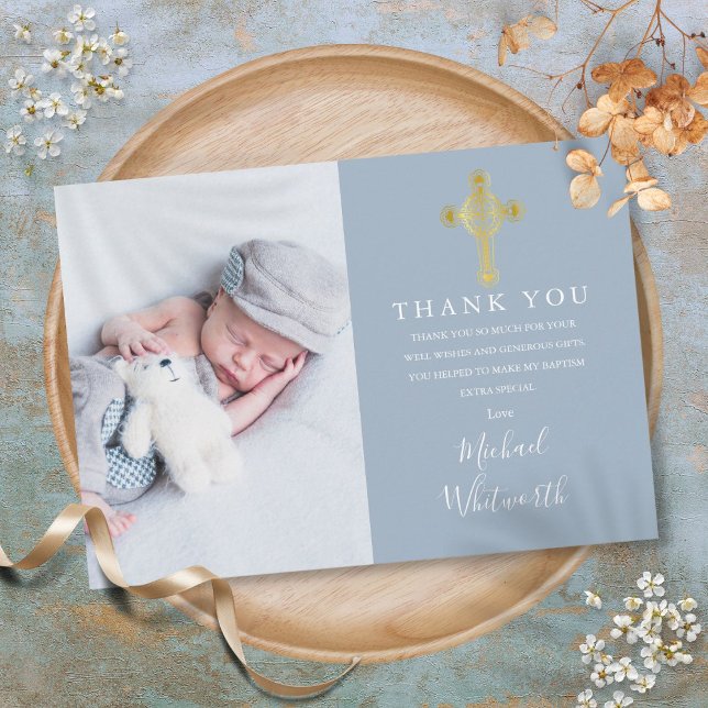 Carte De Remerciements Croix dorée élégante Photo Signature Script Baptêm (Elegant Gold Cross Photo Signature Script Baptism Thank You Card)