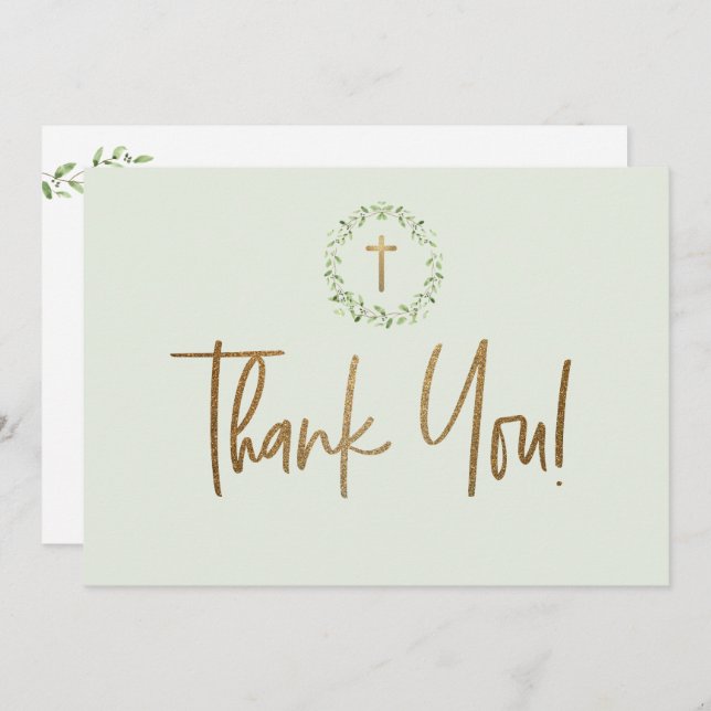 Carte De Remerciements Croix dorée Feuilles aquarelles vertes Première co (Devant / Derrière)