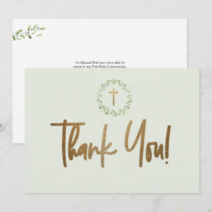 Carte De Remerciements Croix dorée Feuilles aquarelles vertes Première co