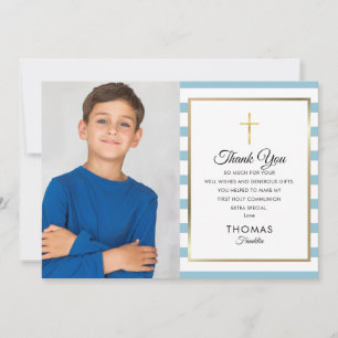 Carte De Remerciements Croix dorée rayée de bleu pour la photo de premièr