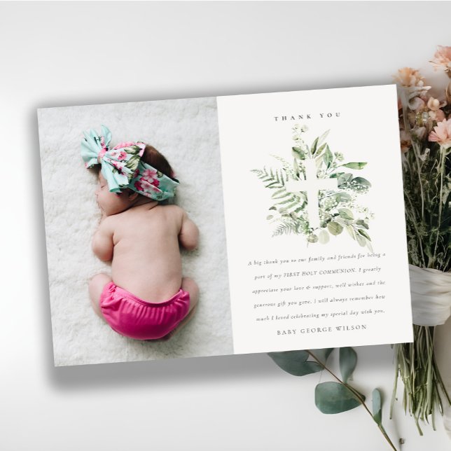 Carte De Remerciements Croix du feuillage Eucalyptus Première communion s (Créateur téléchargé)