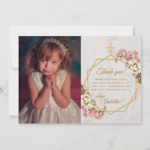 Carte De Remerciements Croix en or Communion solennelle fille Marbre Orch