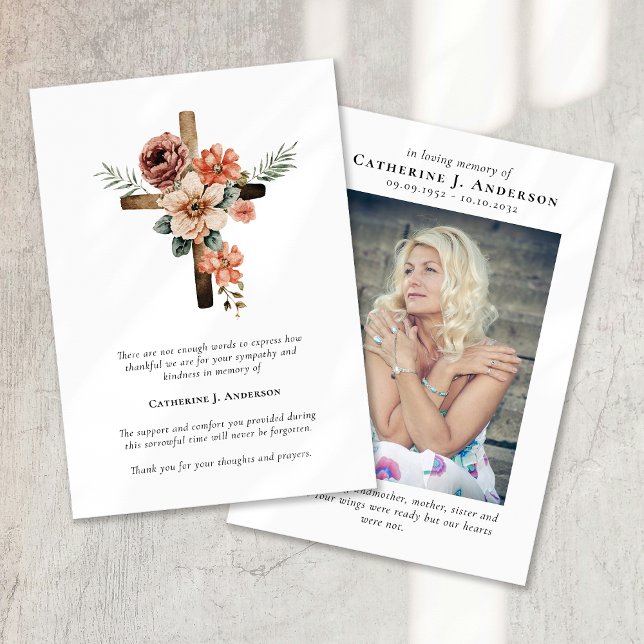 Carte De Remerciements Croix Fleurs Photo Sympathy Funeral Memorial (Créateur téléchargé)