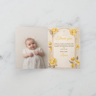 Carte De Remerciements Croix florale élégante en or pour photo de bébé ba