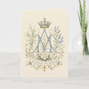 Carte De Remerciements Croix mariale catholique bleue à monogramme floral