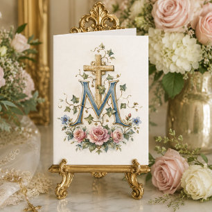 Carte De Remerciements Croix mariale catholique Monogramme floral des Écr