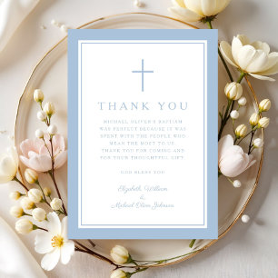 Carte De Remerciements Croix Religieuse Bleu Bébé Élégante Baptême