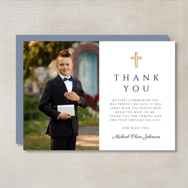 Carte De Remerciements Croix religieuse Dusty Blue Boy First Communion (Dusty Blue Religious Cross Boy First Communion Thank You Card)