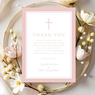 Carte De Remerciements Croix Religieuse Rose Élégante Fille Baptême