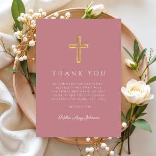 Carte De Remerciements Croix Religieuse Rose Élégante Fille Confirmation