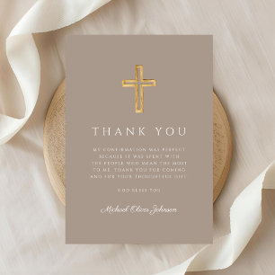 Carte De Remerciements Croix Religieuse Taupe Moderne Garçon Confirmation