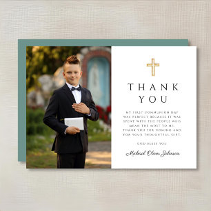 Carte De Remerciements Croix verte moderne Boy First Communion Photo