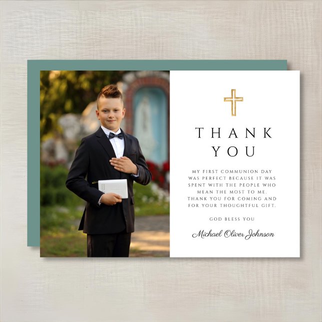 Carte De Remerciements Croix verte moderne Boy First Communion Photo (Modern Green Cross Boy First Communion Photo Thank You Card)